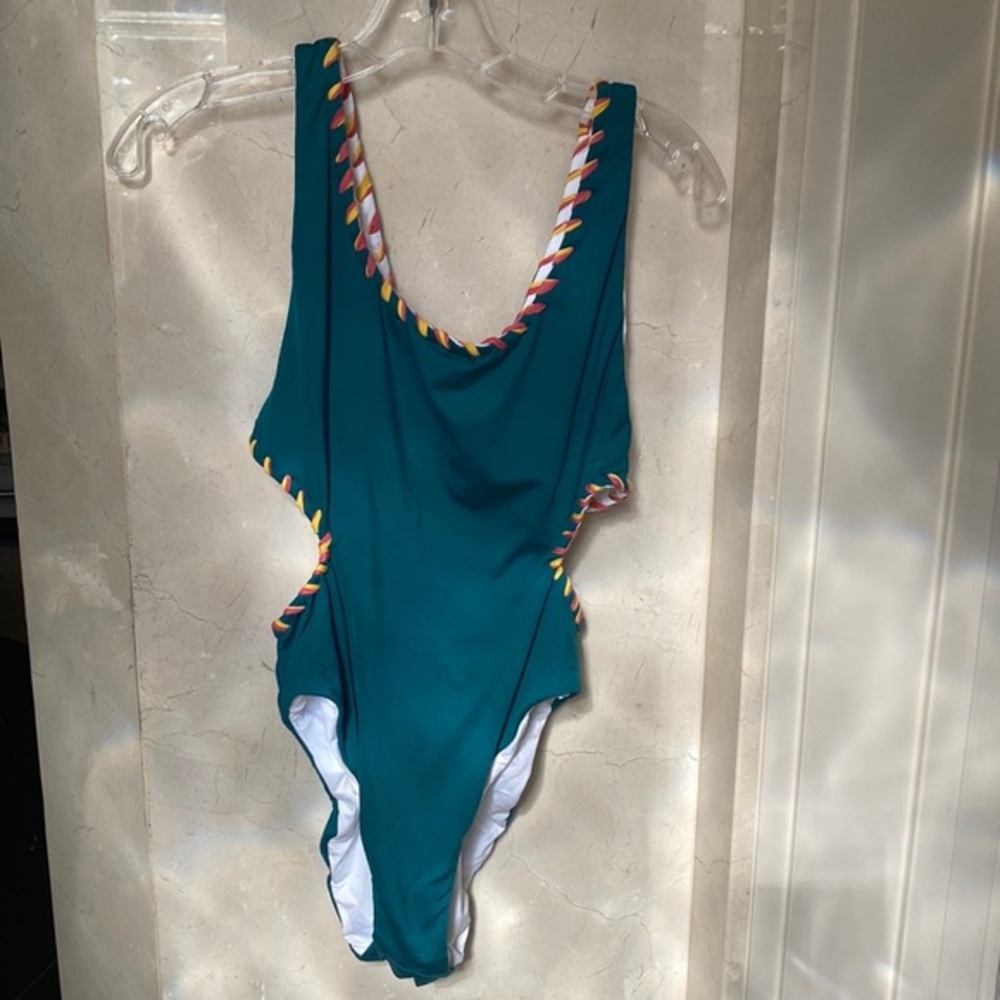 NWOT BECCA Swim Size Medium Dark Teal Color with Ribbon Detail